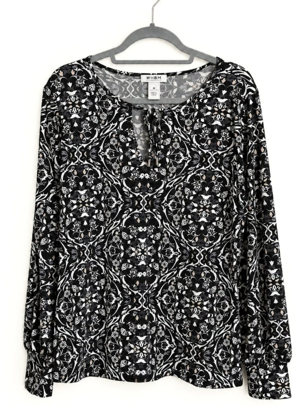 WHBM NWT Black White Medallion Keyhole Tie Neck Top M